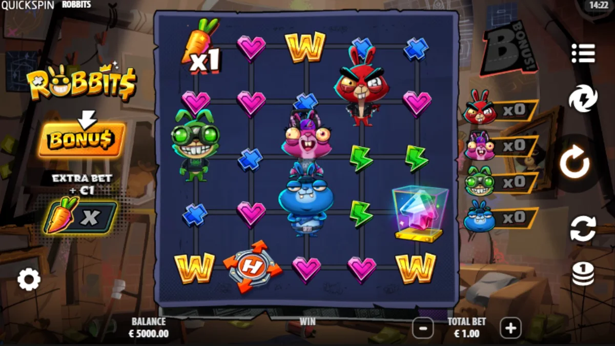 Tampilan visual karakter kelinci pencuri dalam slot Robbits oleh Quickspin